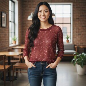 Studio Y Women's Maroon 3/4 Sleeve Embellished Sweater with Shiny Beads Sz S